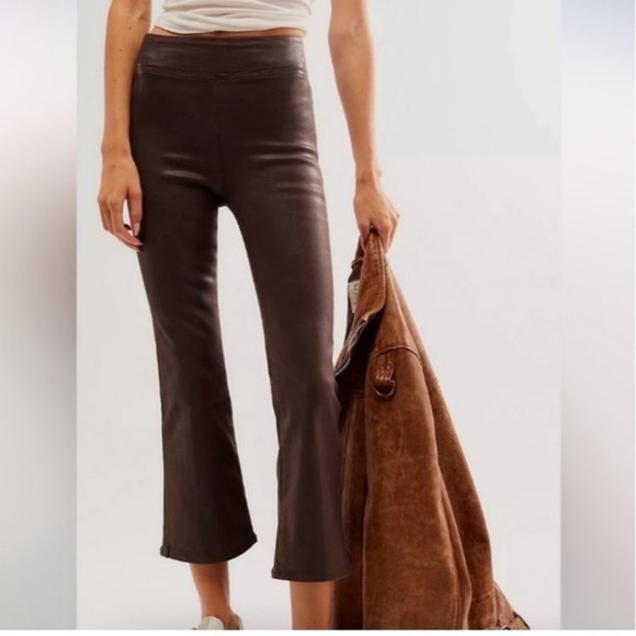 FRAME Jetset Crop COATED JEANS High-Rise Bootcut Brown - Picture 10 of 15